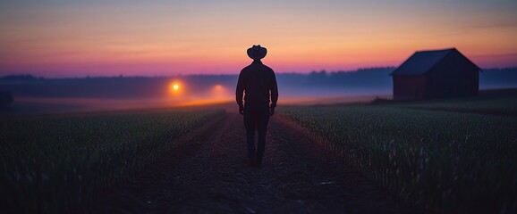 Solitary Figure in a Misty Field at Sunrise: A Silhouette Against a Vibrant Sky