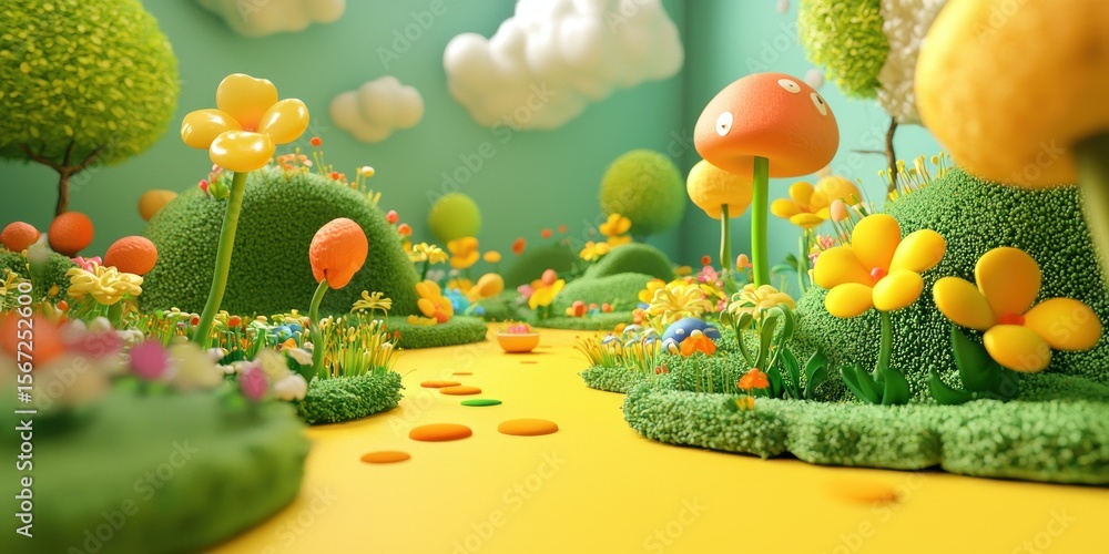 Poster a 3d-rendered scene where childlike doodles interact with the environment in an imaginative way.