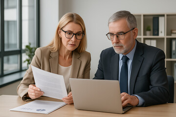 Two focused business professionals a man and a woman collaboratively analyze documents and a laptop demonstrating teamwork and strategic planning