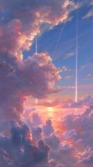 Pink And Orange Sunset Cloudscape With Light Beams