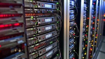 High-tech server room with illuminated racks showcasing data processing equipment and cables - Powered by Adobe