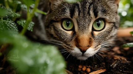 Tabby cat hiding among lush greenery, showcasing bright green eyes and curious expression in a garden setting during daylight