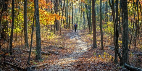 A backpacker walking through a dense forest trail, surrounded by autumn colors