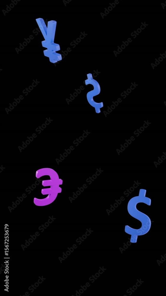 Poster animation of currency icons with data processing over black background
