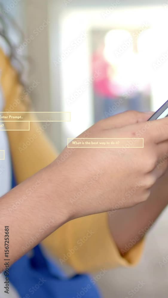Poster animation of digital data processing over female student using smartphone in school
