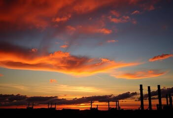 Fototapeta premium Fiery sunset paints dramatic clouds above silhouetted industrial smokestacks, energy, view