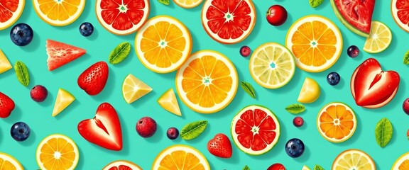 Fresh vibrant seamless pattern featuring juicy citrus, berries, and tropical fruit slices,  design,   orange