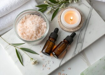 Flat lay of bath salts, candle, and essential oils on white marble surface, spa aesthetic, high-quality and clean look.
