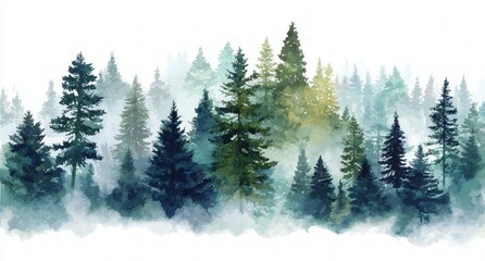 Misty Forest Landscape with Dark Green and Teal Pine Trees