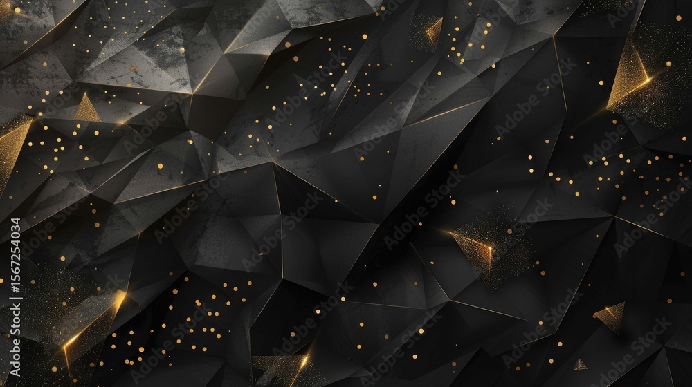 Poster a textured black and gold abstract background with geometric shapes and sparkling elements.