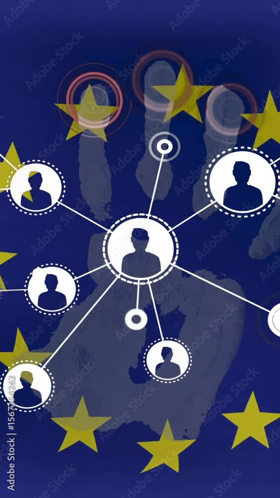 Poster network of connections animation over european union flag with handprint