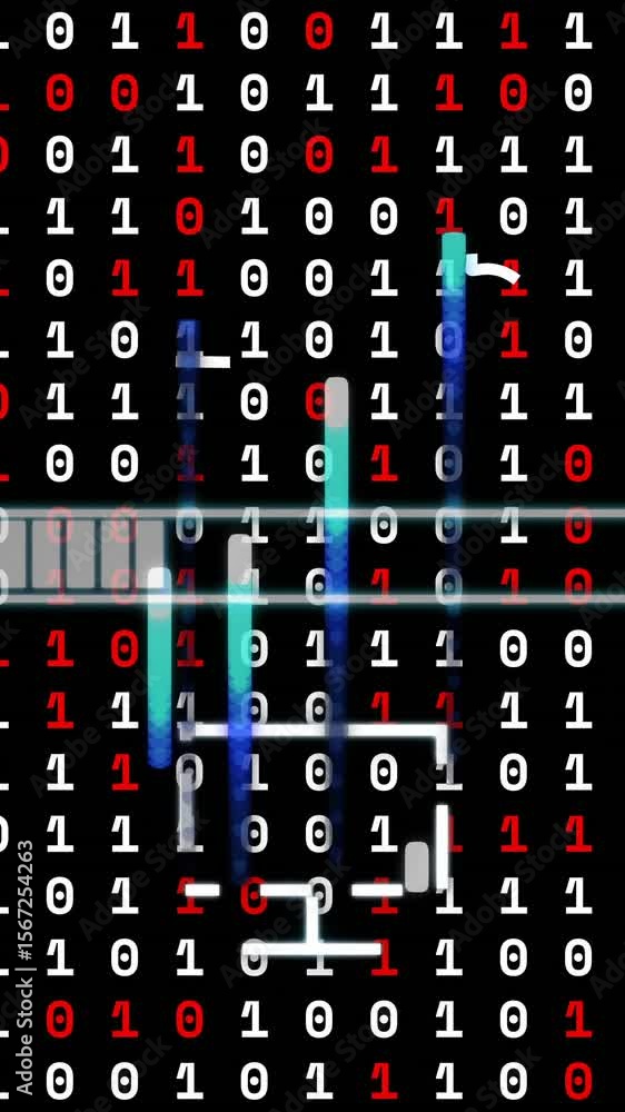 Poster binary code with digital lock and key animation over black background