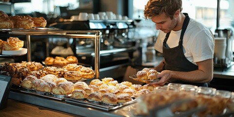 A barista carefully arranging pastries and coffee cups on the counter