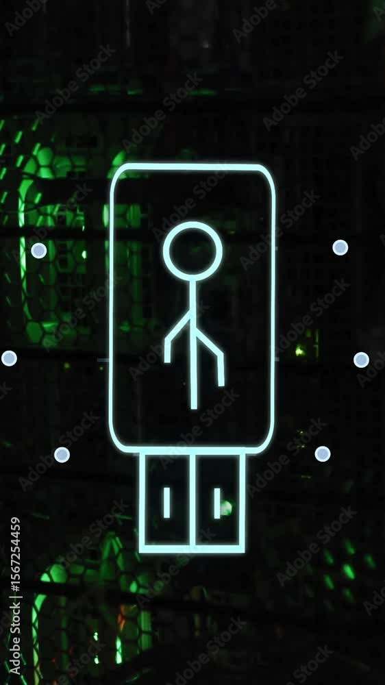 Poster stick figure inside usb symbol with circuit connections, digital security animation