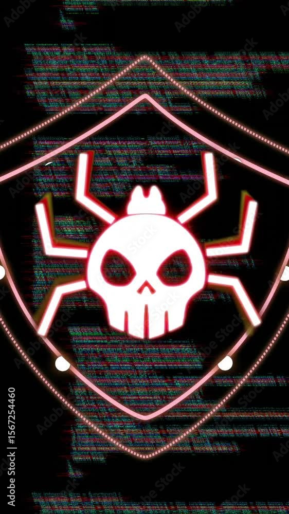 Poster animating cybersecurity threat with skull and spider shield icon over programming code