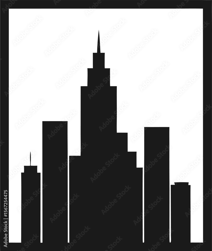 Poster skyscraper cluster in rectangular frame, silhouette with white background.