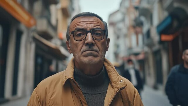 Mature man contemplates life's ups and downs on the street