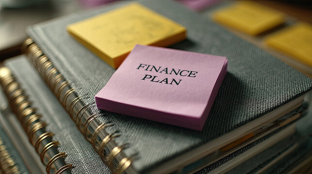 Comprehensive financial planning and savings fund concept. Colorful sticky notes organized on notebooks for financial planning.