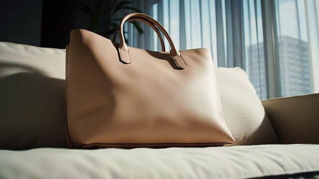 Beige Leather Tote Bag on White Couch With Bright Natural Light And Building View