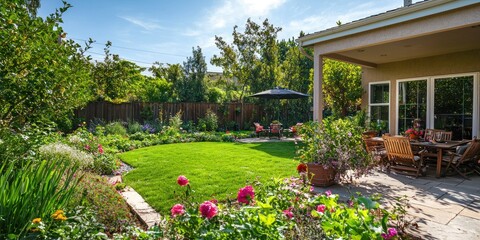 A beautiful backyard filled with blooming flowers and fresh vegetables