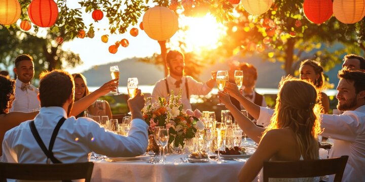 A beautiful outdoor wedding reception with guests raising glasses for a toast