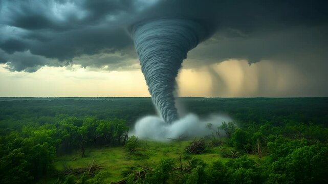 A powerful tornado forming above the forest, showcasing nature's raw force and the dramatic impact of a severe weather event.