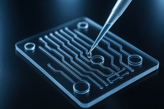 Microfluidic Research: Precision experimentation with a pipette dispensing liquid onto a microfluidic chip, highlighting technological advancement, innovation, and scientific investigation.