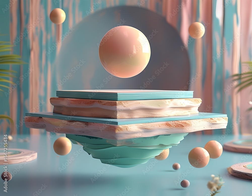 Poster abstract pastel floating platform with spheres and tropical elements for product display