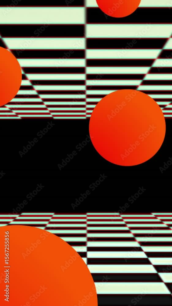 Poster floating red spheres with moving checkerboard squares above and below
