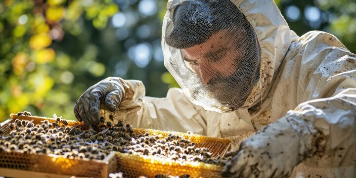 A beekeeper in a full protective suit inspecting a honeycomb frame