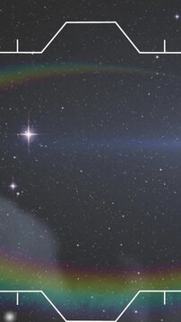 Animation of white frame with markers over prism and glowing stars on night sky