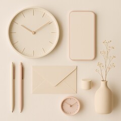 Minimalist aesthetic flat lay with beige office supplies including clock, smartphone, envelope, pens, vase with dried flowers on pastel background for productivity and workspace inspiration

