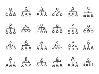 Minimal Line Style Organizational Chart Icon Set – 24 Business Hierarchy, Team Structure, Corporate Management, and Company Network Symbols for Presentation, Website UI, Infographics, and Office Plan