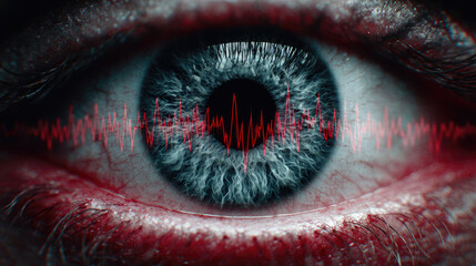 Investor behavior in stock market trust concept. Close-up of an eye with a sound wave pattern overlay.