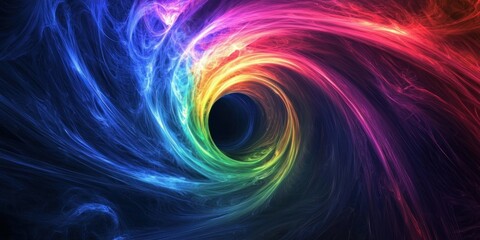 A black hole emitting rainbow-colored energy tendrils, bending space-time.