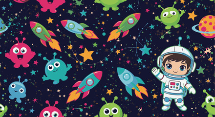 Naklejka premium A cheerful space-themed seamless pattern featuring cute astronauts, aliens, rockets, and stars, perfect for kids' textile designs and vibrant backgrounds.