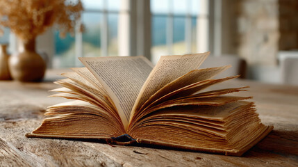 Investor behavior in stock market trust concept. Open book resting on a wooden table with natural light streaming.