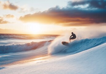 Silhouette of Surfer Riding a Wave at Sunset on a Snowy Beach