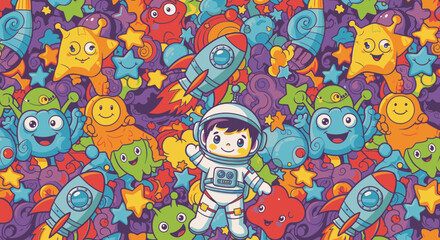 Fototapeta premium Happy astronaut kid surrounded by colorful cartoon aliens, rockets, and stars in a vibrant, playful space-themed illustration, perfect for kids' products.