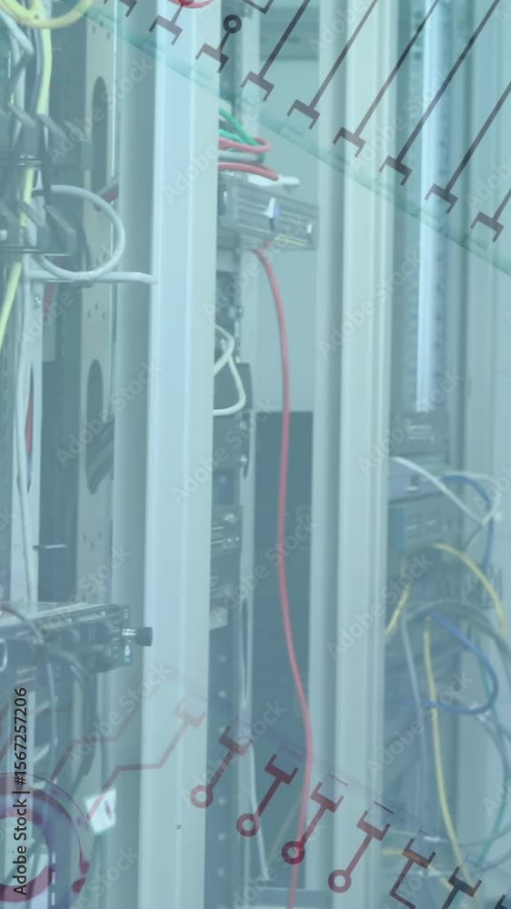 Poster animation of microprocessor blueprint over caucasian woman working in server room