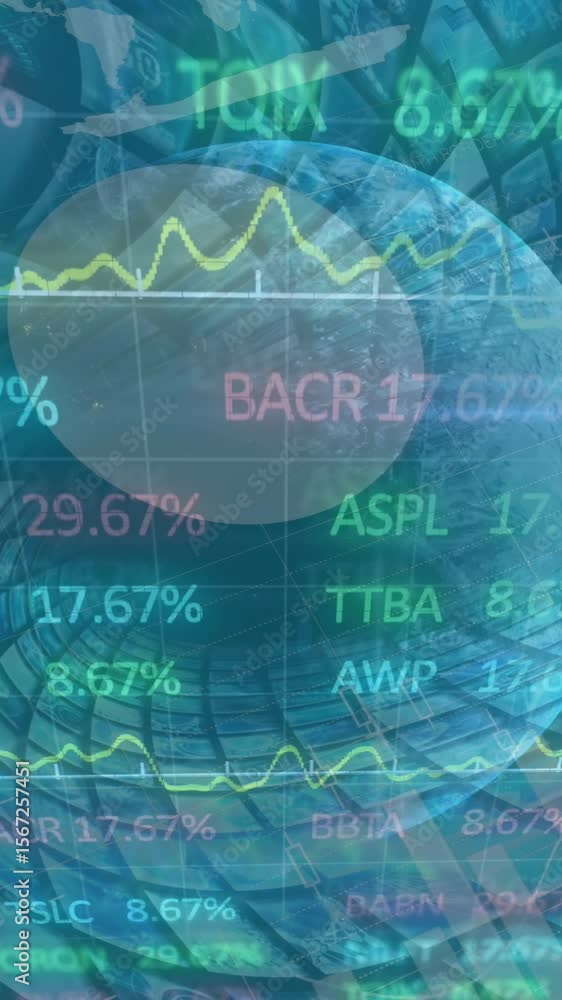 Poster animation of rolling graphs with data and information over globe spinning