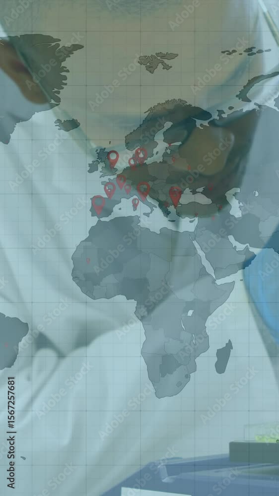 Poster animation of world map with hands of scientist testing with equipment in lab