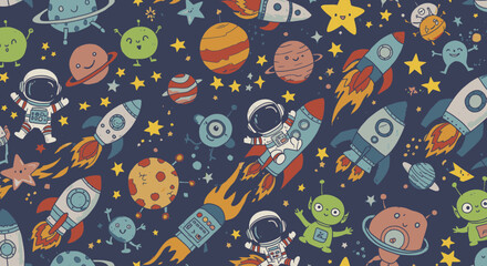 A whimsical space-themed pattern featuring astronauts, rockets, planets, and stars, perfect for kids' apparel or playful designs.