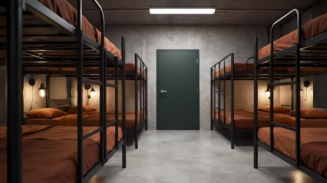 Concrete Room With Rows of Bunk Beds With Brown Blankets Dark Green Door and Sconces Casting Light