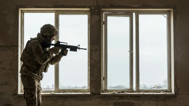 Silhouette of Soldier or Special Forces Operative Aiming Rifle by Window