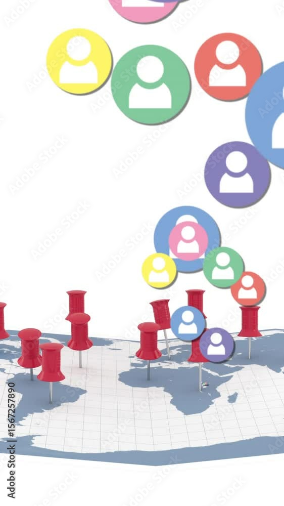 Poster digital video shows colorful social media icons on a world map, symbolizing global networking.