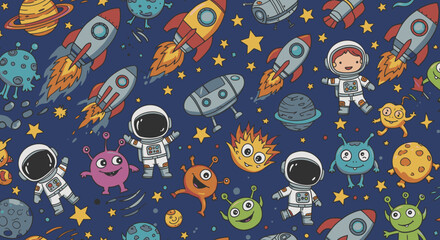 Naklejka premium A charming seamless pattern featuring cute cartoon astronauts, vibrant rockets, playful aliens, and sparkling stars on a deep blue cosmic background.