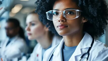 Focused female scientist in lab coat and glasses, analyzing data with colleagues in a modern laboratory - Powered by Adobe