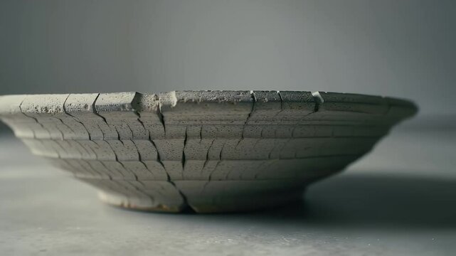Cracked Off White Ceramic Bowl Displaying a Network of Fine Dark Cracks on Grey Textured Surface