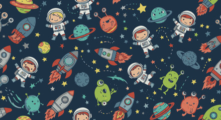 Naklejka premium A whimsical seamless pattern features playful cartoon astronauts, colorful planets, and friendly aliens soaring through a starry dark blue outer space.